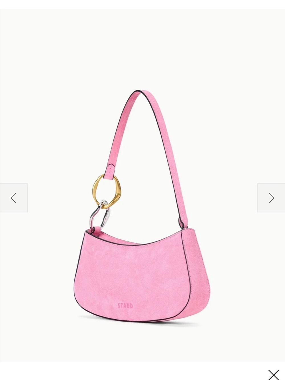 STAUD Pink Suede Crescent Shoulder Bag with Gold Ring
